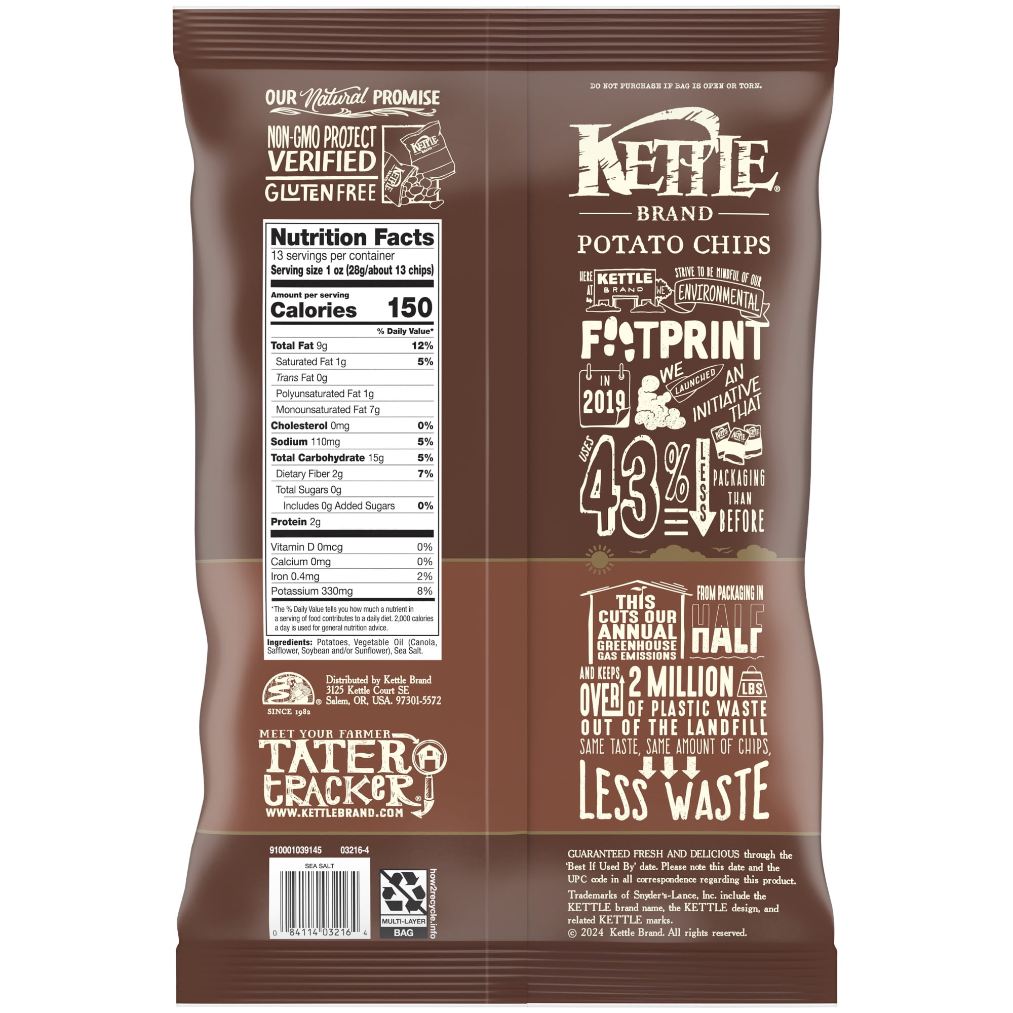 (2 pack) Kettle Brand Potato Chips, Sea Salt Kettle Chips, Party Size, 13 oz