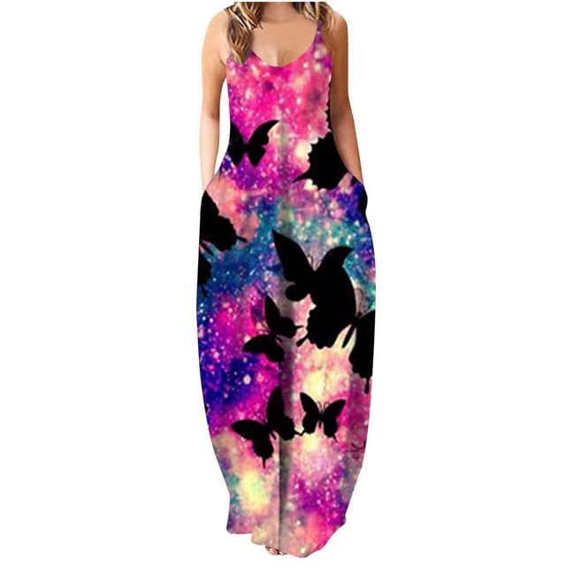 Femmes Été Robe Décontractée Sans Manches Grande Taille Boho Longue Robe Maxi avec Poches Robe de Plage