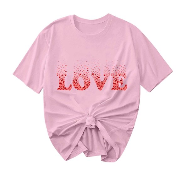 Ecqkame Valentine'S T Shirts for Women Casual Loose Cute Love Heart Graphic Tees Crew Neck Short Sleeve Tops Pink L