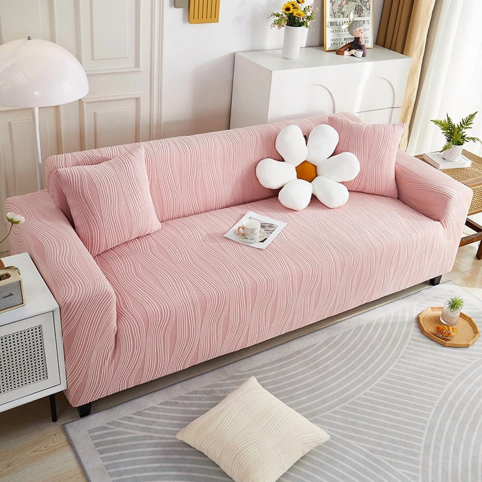 Namzi Jacquard Velvet Elastic Sofa Cover 3-Seater Anti-Cat Scratch Furniture Protector, All-Season Universal Slipcover with Pillow Covers, Soft Home Living Room Decor,1 Piece,Pink