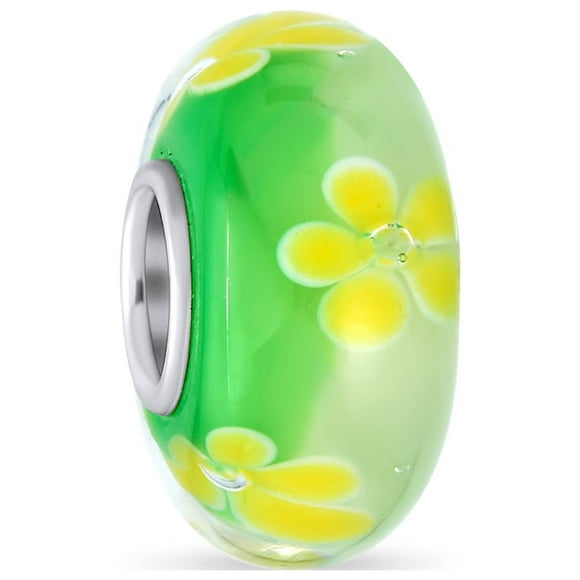 Murano Glass .925 Sterling Silver Core Floral Yellow Green Hibiscus Flower Spacer Charm Bead Fits European Bracelet for Women Teen