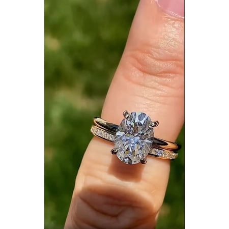 Solitaire Brilliance 2.7CT Oval Cut Moissanite Hidden Halo Engagement Ring with Bezel Set Round Moissanite Wedding Band Wedding Set For Women in 14K Yellow Gold Ring