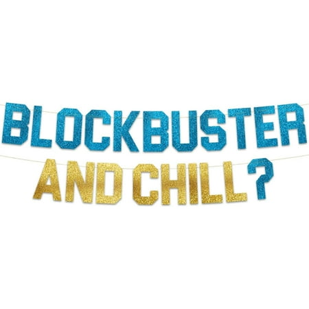 Block Buster and Chill Glitter Banner - Funny Throwback 90's and 80's Theme Party Decoration, Favors & Supplies