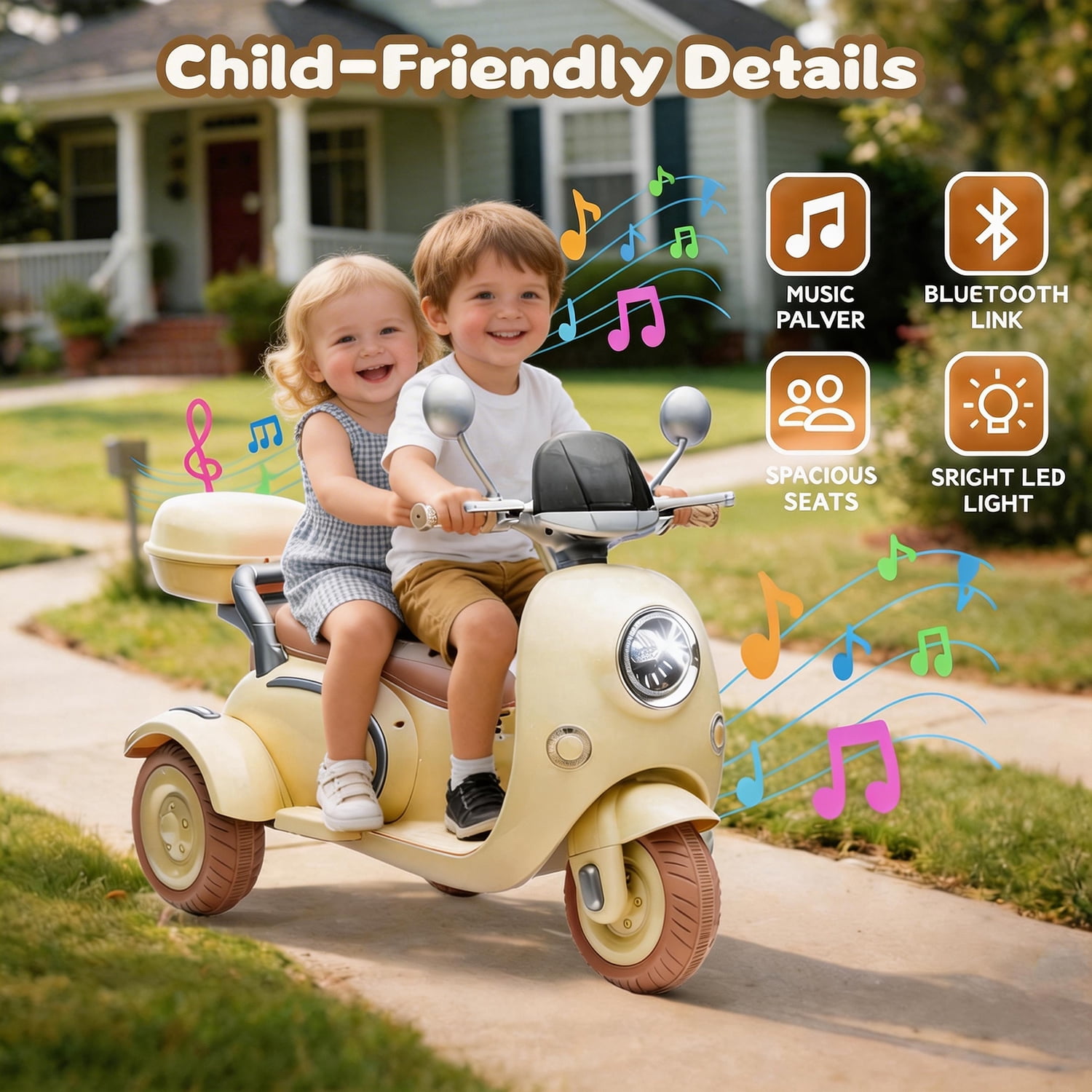 Track Seven 12V Ride on Motorcycle, 2-Seater Electric Motorcycle with Dual Motor, 3 Wheels Motorbike with Bluetooth, LED Lights, Storage Box, Front Hook, Ride on Toy Car for Kids Aged 3+, Beige