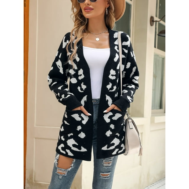 Charmo Womens Leopard Knit Cardigan Open Front Sweaters with Pockets Long Sleeve Outwear