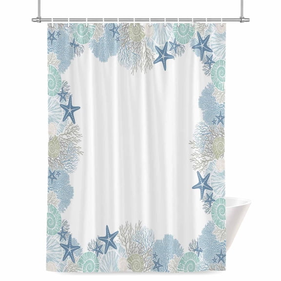 Blue Green Sea Shower Curtain, Nautical Ocean Watercolor Shells Corals Starfish Waterproof Shower Curtain Set with 12 Hooks Lightweight Bath Curtains Fabric Bathroom Decor 36x72 Inches