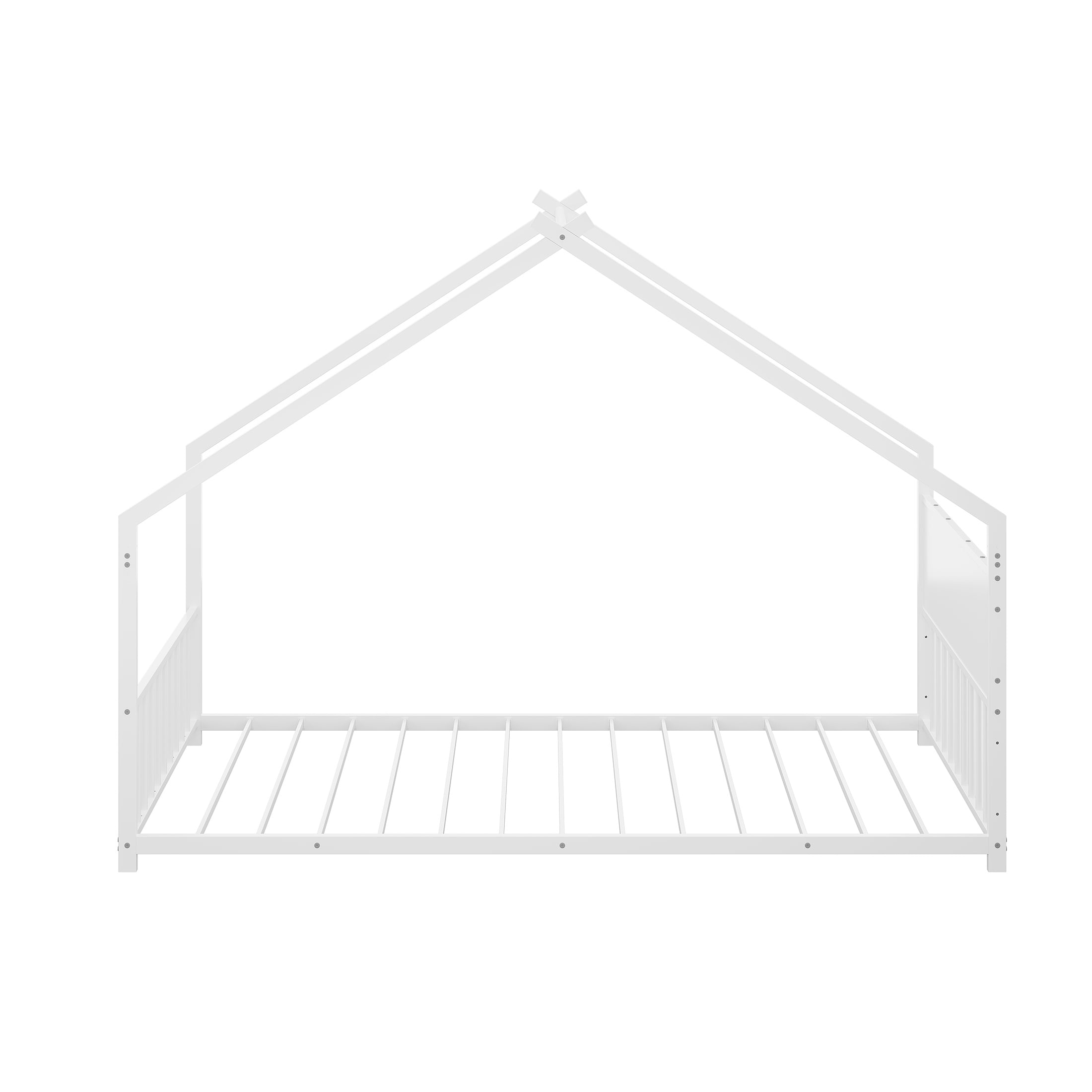 PORKISS Twin Size Floor Bed, Metal Toddler Bed with LED Light Strips, Slat, Fence, No Box Spring Needed, Montessori Bed, Full House Bed Frame for Kids, Boys, Girls, White #2