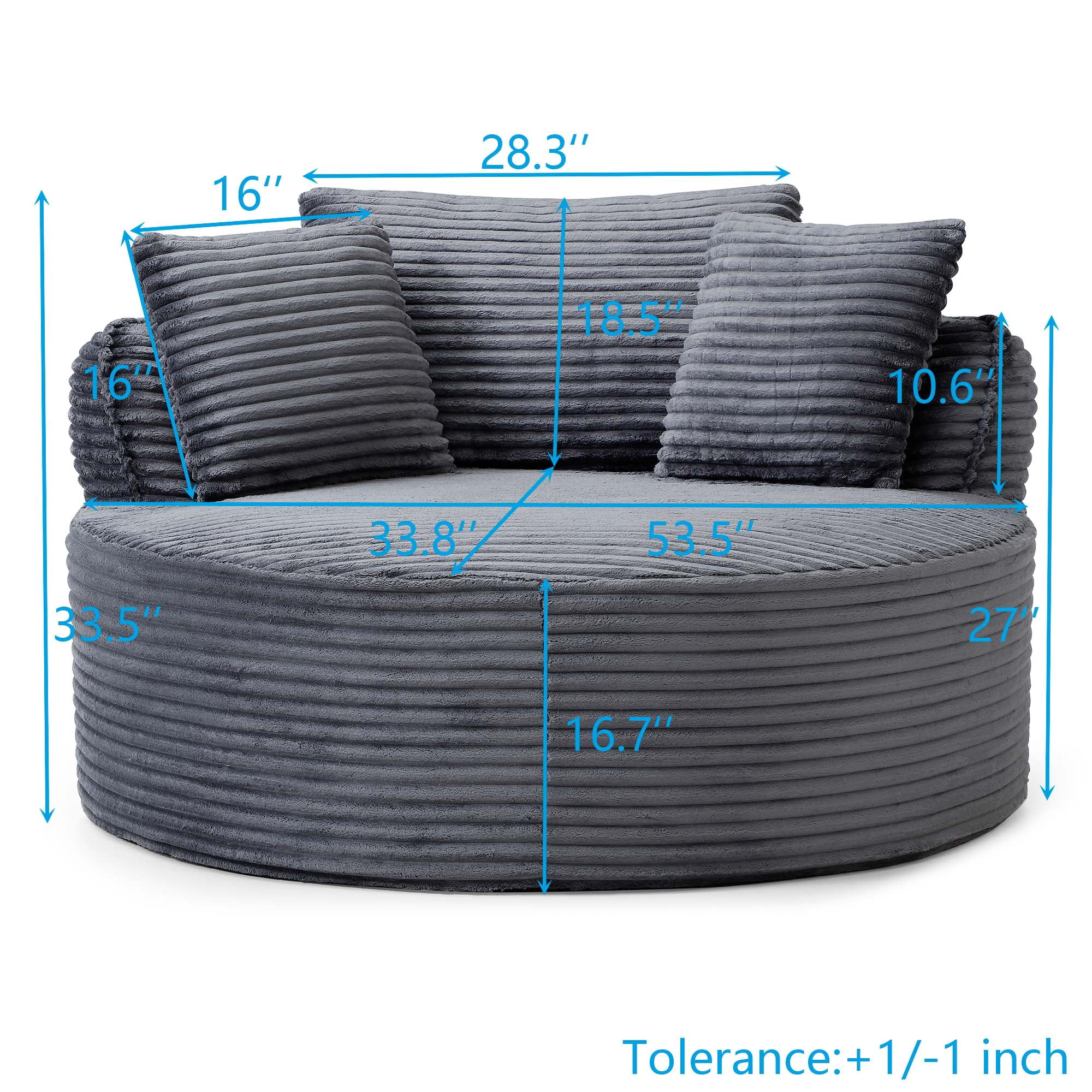 Miniyam 54" Corduroy Round Accent Chair, Boneless Design with Lumbar Support Pillows, Soft & Durable, Ready-to-Use(Grey)