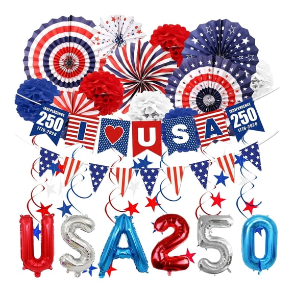 Aemutady 32PCS 4th of July Decor, Tear Resistant Red White Blue Paper Fans with Unique Stars and Stripes Designs for Fourth of July Celebration