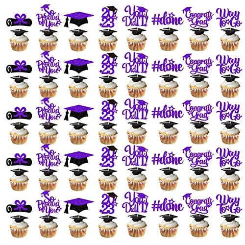 40Pcs Graduation Cupcake Toppers 2023 Purple and Black Glitter Class of