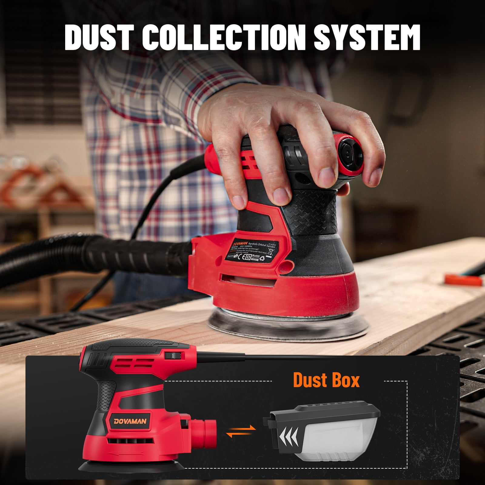 DOVAMAN 3A Orbital Sander, 6-Speed Random Orbit Sander, 13000 RPM, 5" Sanding Pad, Dust Collection, 12 Sandpapers Included, Ideal for Woodworking - ROS01A