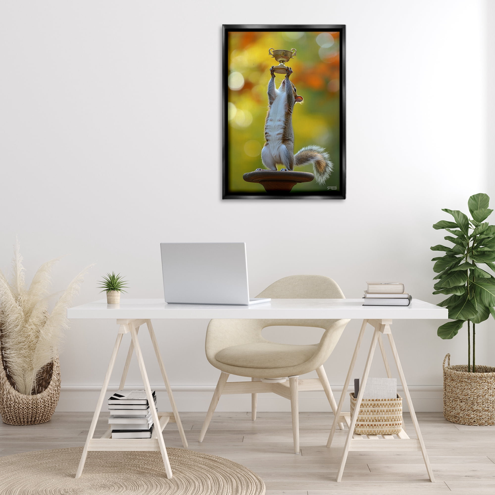 Stupell Industries Squirrel Holding Trophy Novelty Painting Black Floater Framed Art Print Wall Art, 21 x 31