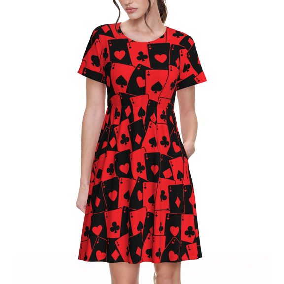 Defioc Playing Cards Pattern Womens Summer Dresses Short Sleeve Sundress 2025 Beach Vacation Dresses with Pockets -Small