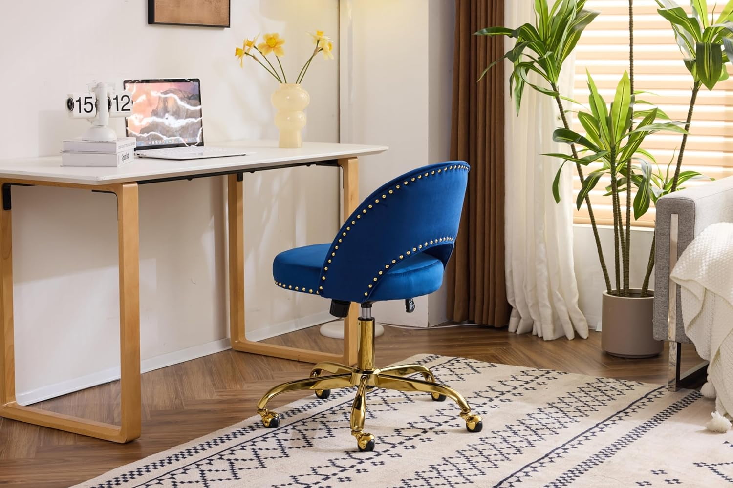 QHTER Modern Velvet Small Office Chair,Cute Desk Chair with Wheels,Gold Base/Studs, Comfy Armless Swivel Vanity Task Chair for Women/Girl/Kids, Nail Tech Chair for Bedroom,Small Space,Navy Blue