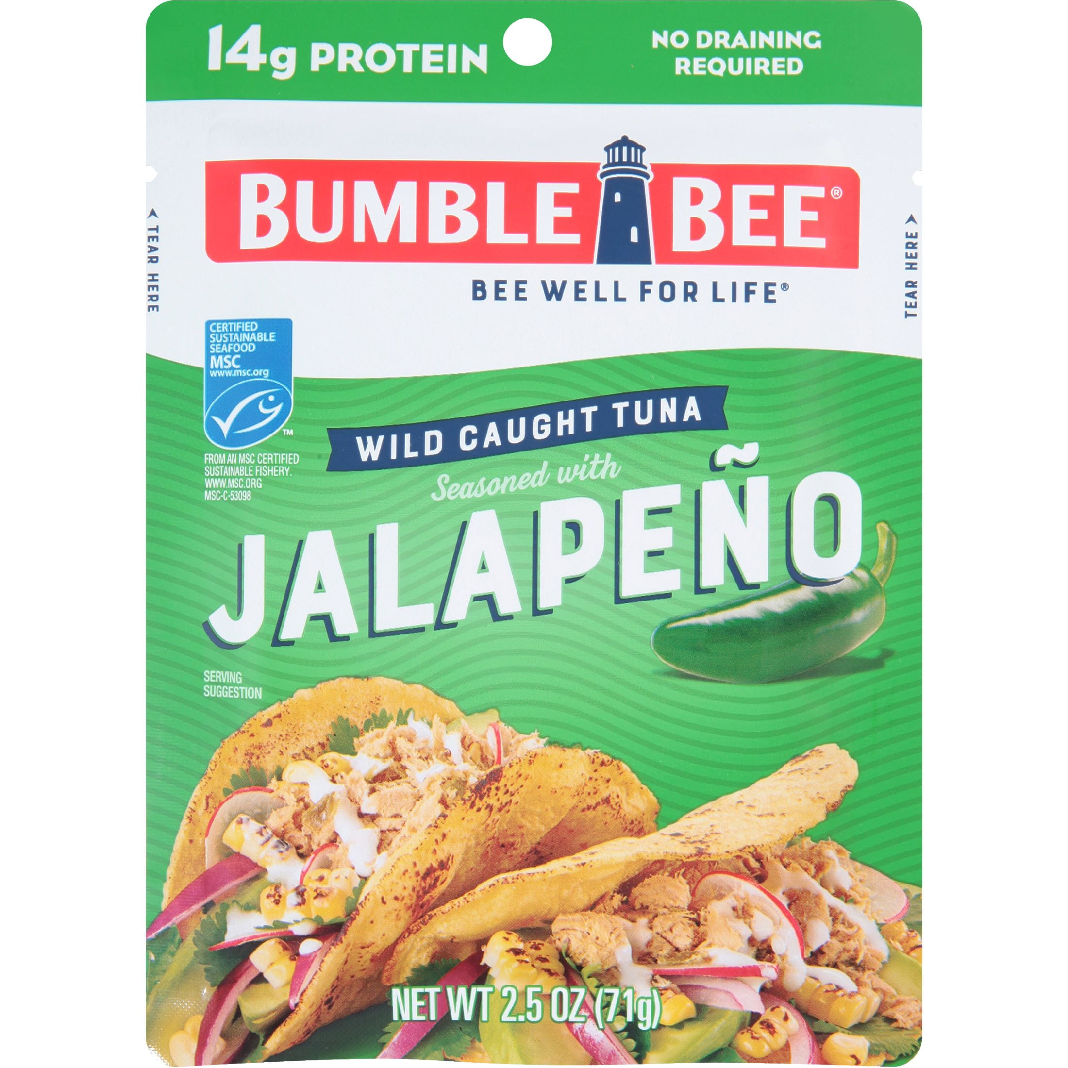 (4 pack) Bumble Bee Jalapeno Seasoned Light Tuna, Wild Caught, Gluten Free, 14g Protein per Serving, Ready to Eat, Shelf Stable Pouch, 2.5 oz