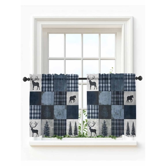 Navy Blue Plaid Tier Curtains 36 Inch Length, Sheer Curtains for Bedroom Living Room Window Vintage Farmhouse Animals Tree Rod Pocket Drapes Kitchen Curtains Small Half Window 27.5"x36" 2 Panels