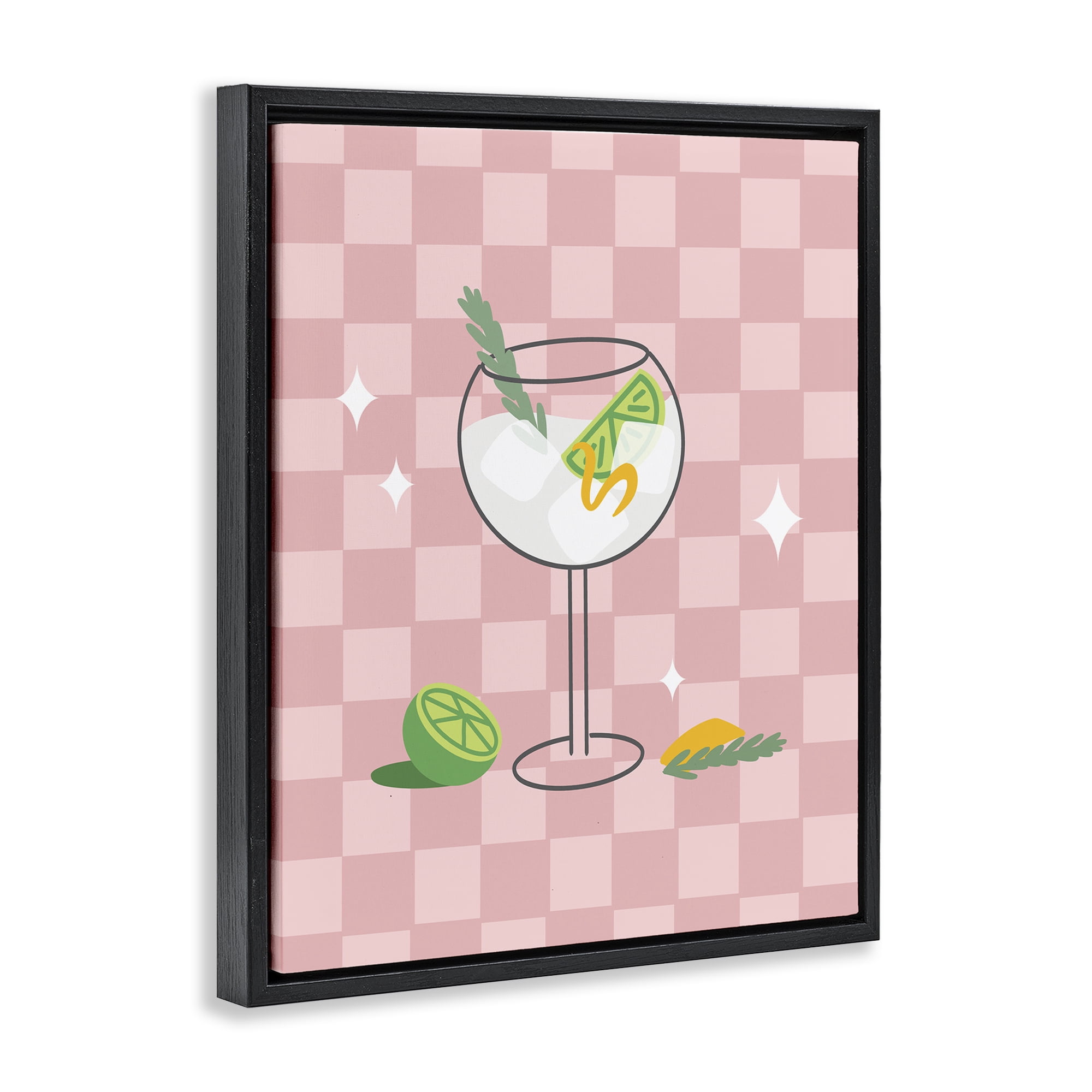 Stupell Industries Gin & Tonic on Checkered Food & Beverage Painting Black Floater Framed Canvas Art Print Wall Art, 25 x 31