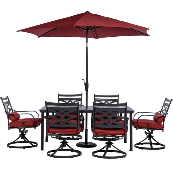 Hanover Montclair 7-Piece All-Weather Outdoor Patio Dining Set, 6 Swivel Rocker Chairs with Comfortable Seat and Lumbar Cushions, 40"x66" Stamped Rectangle Table, Umbrella, and Umbrella Base