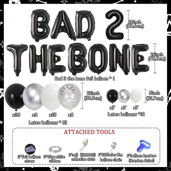 90Pcs Bad Two the Bone 2nd Birthday Party Decorations Black Silver Balloon Garland Arch Kit with Bad 2 the Bone Foil Balloons, Rock N Roll Music Theme 90s Second Birthday Party Decor for Boys