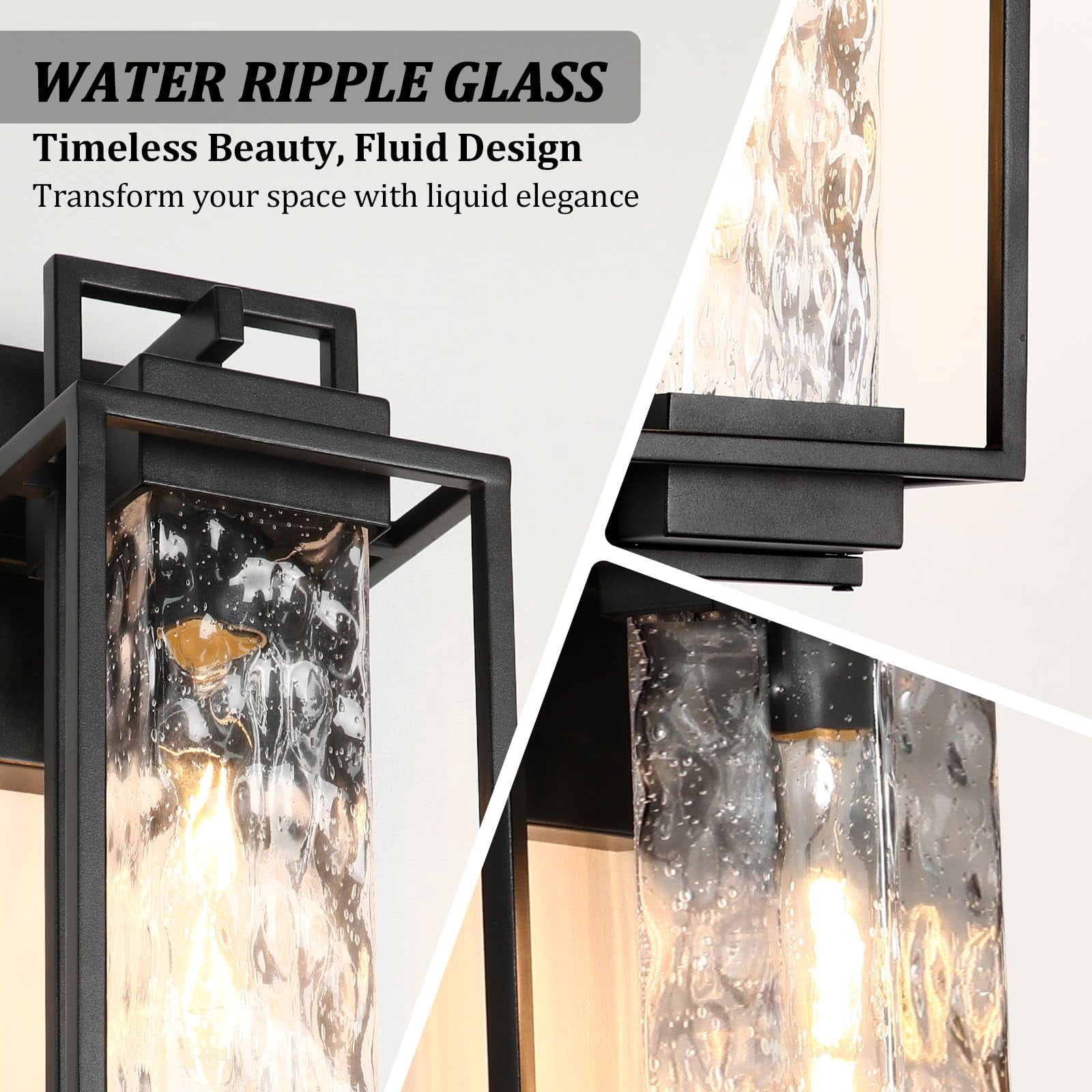 2-pack Modern Outdoor Wall Lights With 2 Led Bulbs  15'' Exterior Lighting Fixtures Mount Water Ripple Glass Black Porch Sconces Outside For House Garage