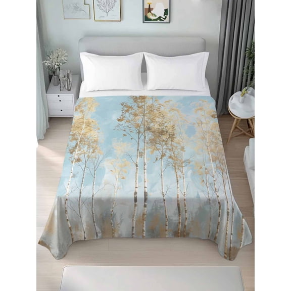 Contemporary Yellow Blue Tree Full Size Flat Sheet, Wrinkleproof & Fadeproof Cooling Flat Bed Sheet Only, Abstract Art Oil Paiting Breathable Soft Bedding Top Sheets 81 x 96 Inches