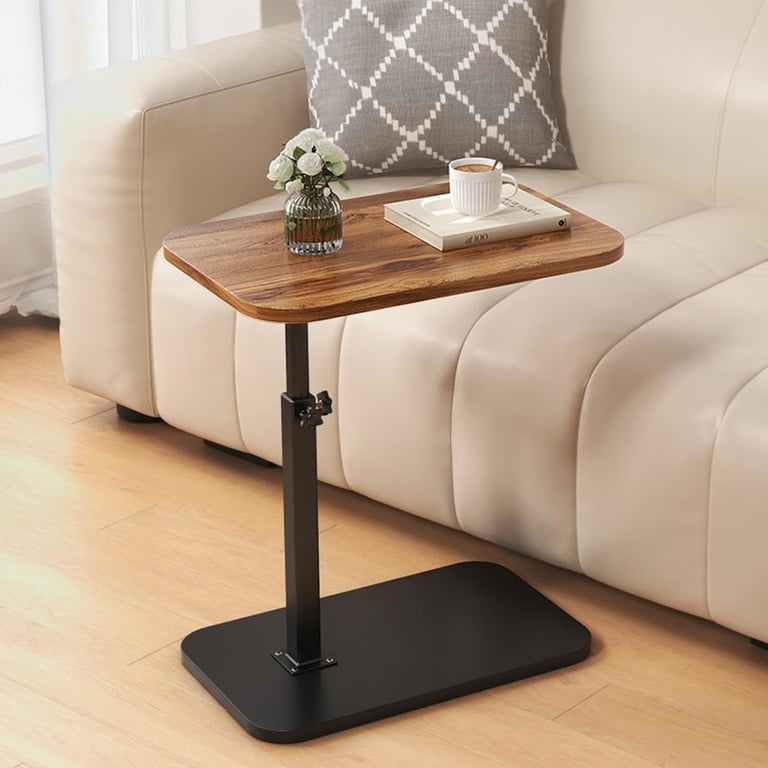 Adjustable C-Shaped End Table With Wheels - Solid Oak Swivel Laptop Table For Sofa & Bed (Walnut)