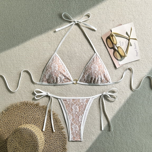 SKQIT Sexy Lace Triangle Bikini Set for Women - Halter Tie Up Swimsuit