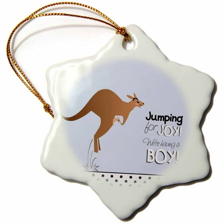 3dRose Jumping for joy having a boy - cute kangaroo blue baby shower pregnancy birth its a boy announcement, Snowflake Ornament, Porcelain, 3-inch