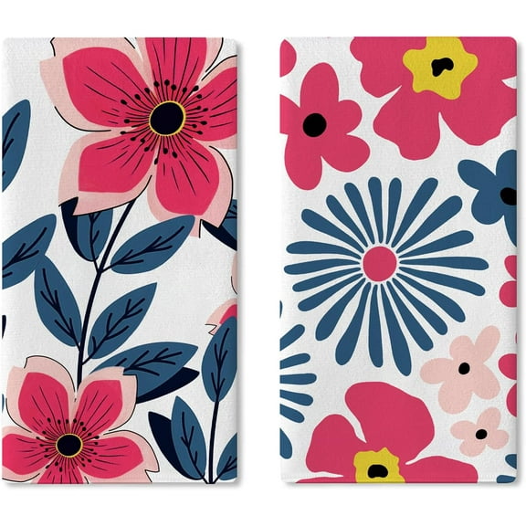 Boho Abstract Flower Kitchen Dish Towels Set of 2, Watercolor Groovy Floral Drying Hand Towel Baking Cooking Cloth, Vintage Bohemian Spring Summer Home Decoration 16 x 24 Inches