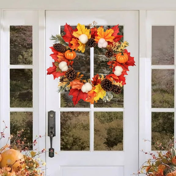 LmnLft Artificial Fall Wreath Sticker 24 Inch, Harvest Pumpkin and Maple Leaf Design for Front Door Thanksgiving Decor