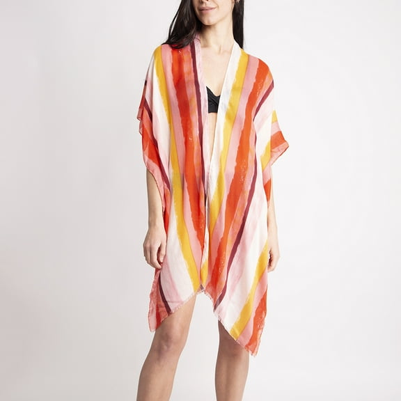 Women's Kimono Summer Striped Print Lightweight Long Top Cover Beachwear Dress, Pink, One Size