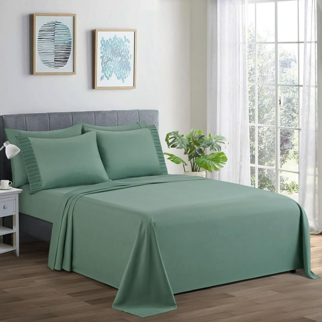 Green Marina Decoration ultra soft silky deep pocket rayon from bamboo all season bedding sheet set displayed on a made bed in a sunlit bedroom.
