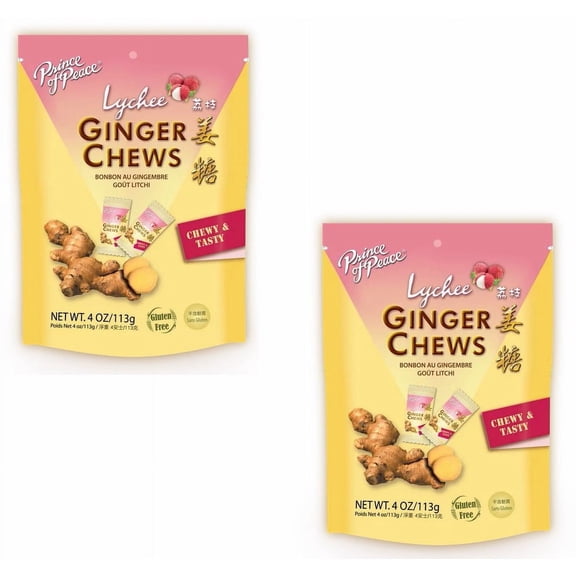 Prince of Peace Ginger Chews Candy 100% Natural Lychee Flavor, Organic Vegan Candies 4 oz.(Pack of 2)