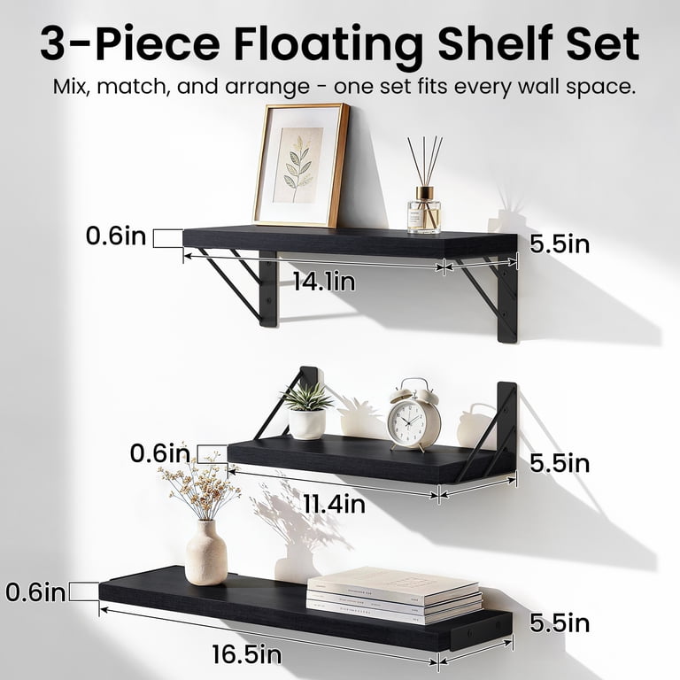 Ophanie 16-Inch L-Shaped Wood Floating Shelves, Set of 3, Black photo 2