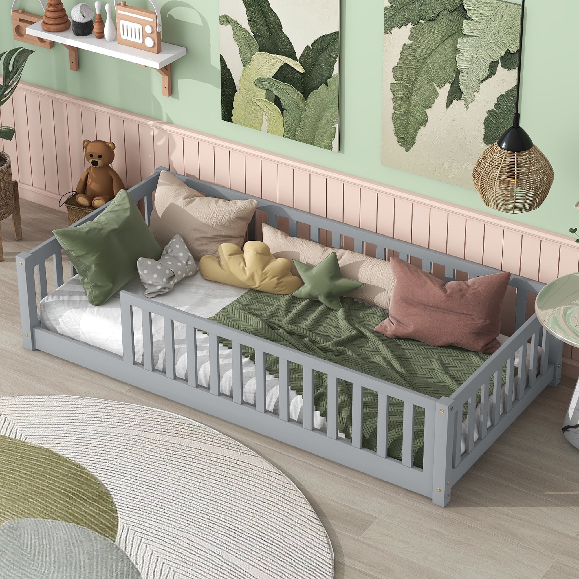 Sailvan Twin Floor Bed with Safety Guardrails,Solid Rubber Wood Fence Kids Bed Frame Grey