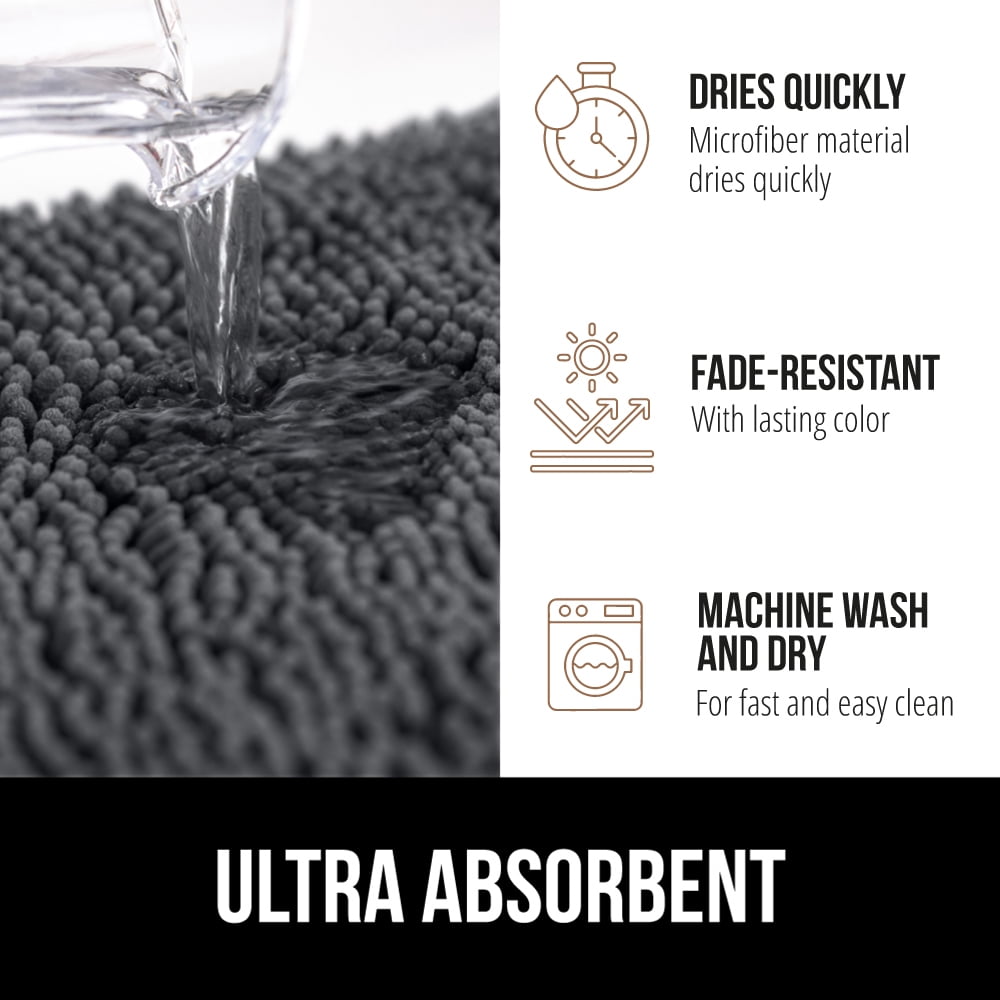 GORILLA GRIP Chenille Bath Rug 24x17, Rubber Backing Quick Dry Washable Microfiber Mats, Charcoal