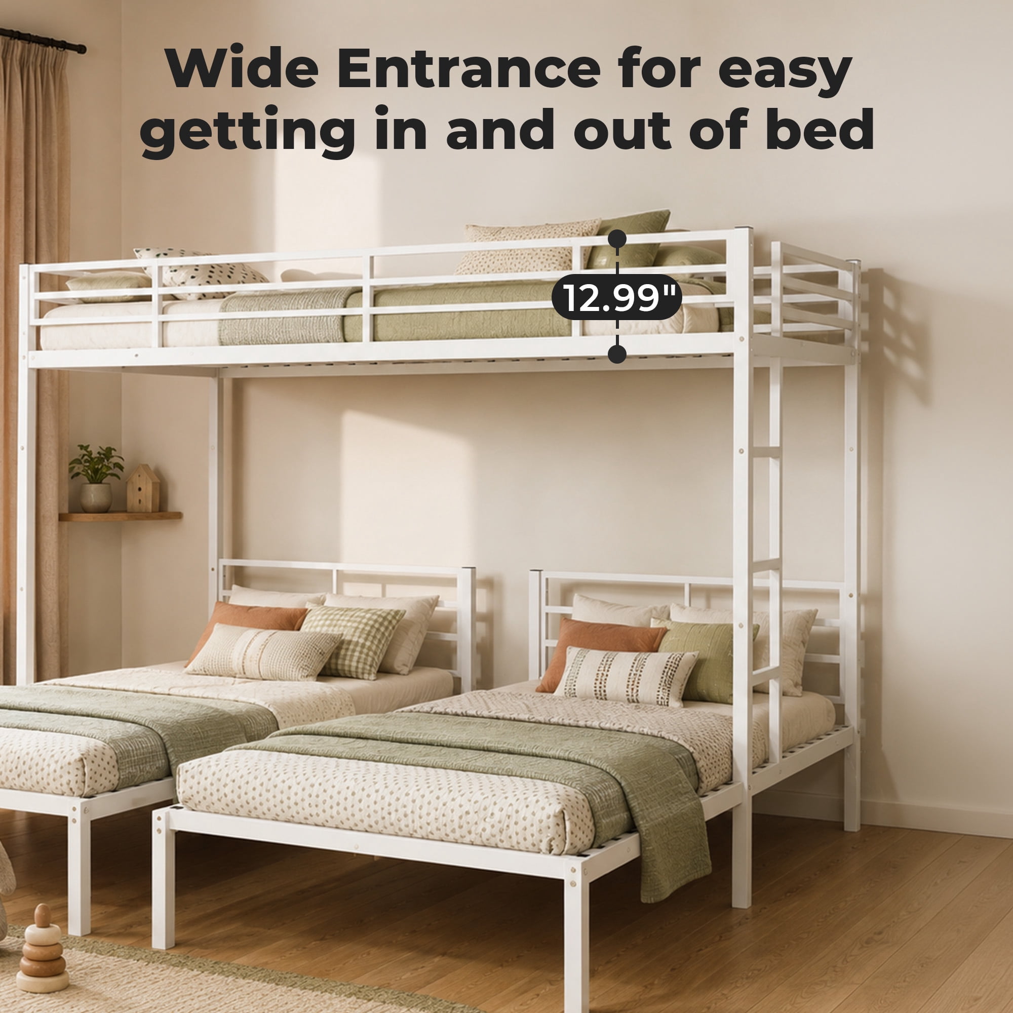 Alvantor Triple Bunk Bed for Kids, Metal Bunk Bed with Stairs,Separates Into 3 Twin Beds White