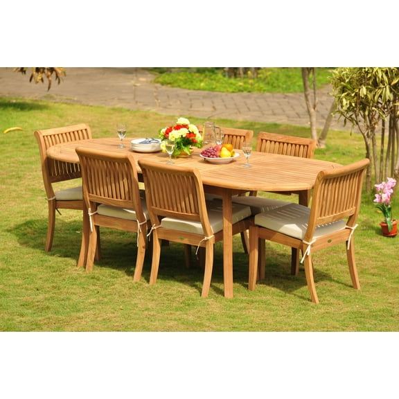 Teak Dining Set: 6 Seater 7 Pc: 94" Oval Table & 6 Stacking Arbor Armless Chairs Outdoor Patio Grade-A Teak Wood WholesaleTeak #WMDSABv