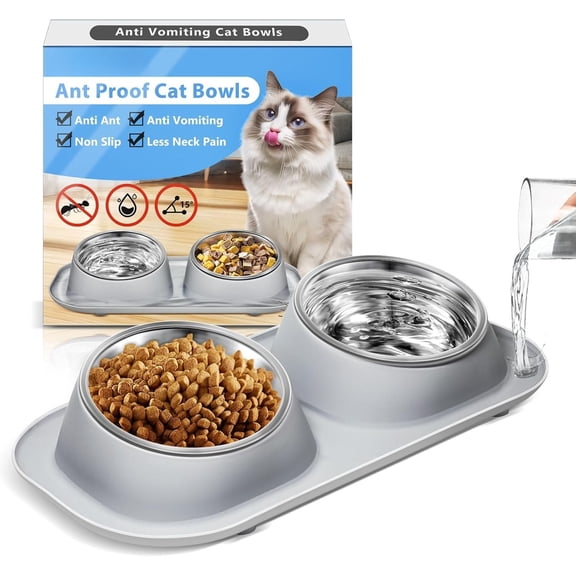 Ant  Stainless Steel Elevated  Bowls with Stand - Tilted Anti Vomiting, Double  and Water Bowl Set (Grey, 16 Oz)