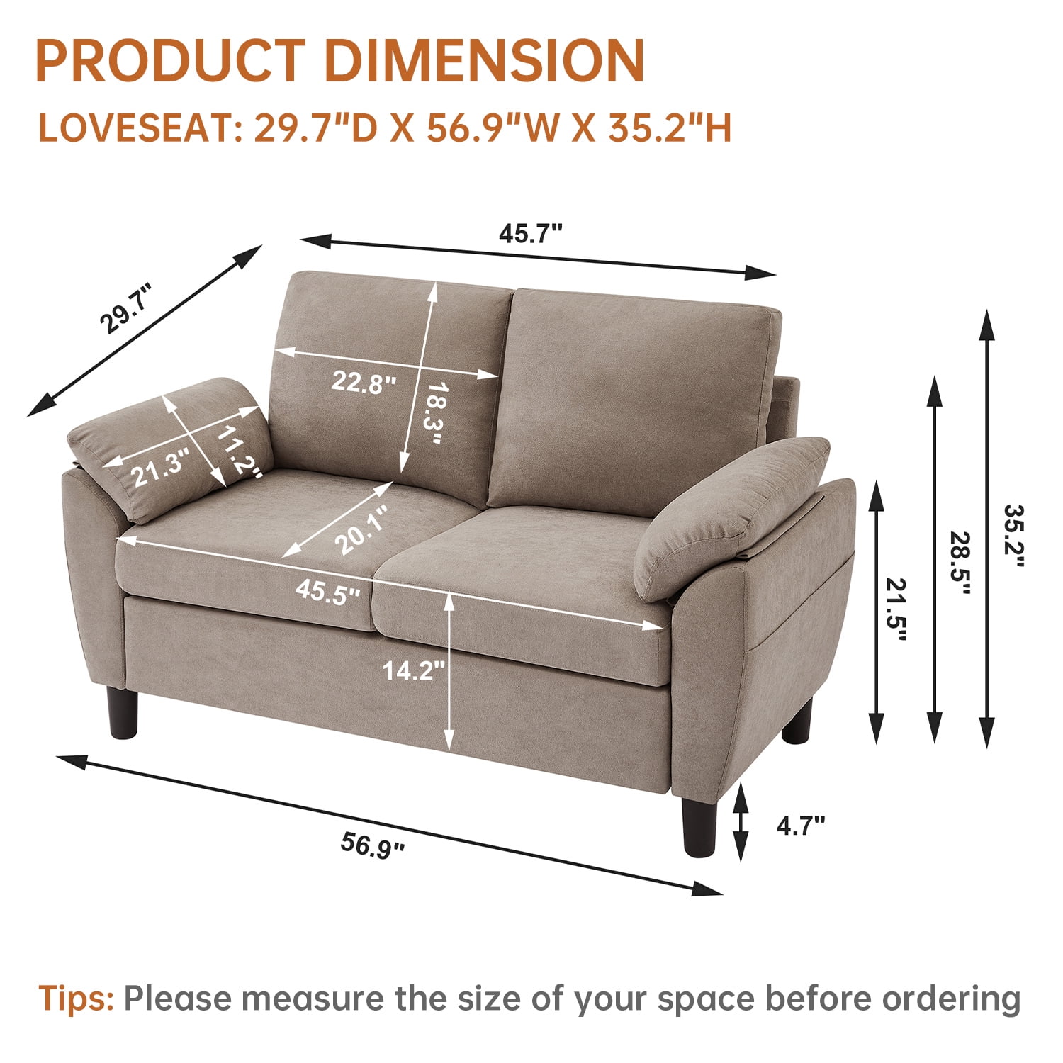 Soscana Loveseat with Storage Side Pockets, 2 Seat Sofa Love Seat Small Couch for Living Room Bedroom Apartment Office Studio,Beige