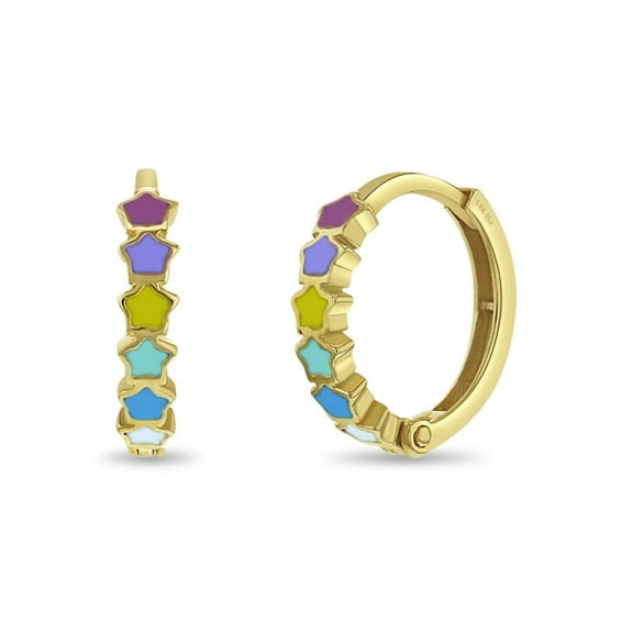 14k Gold Star Cascade Kids / Children's / Girls Earrings Huggie Hoops Enamel