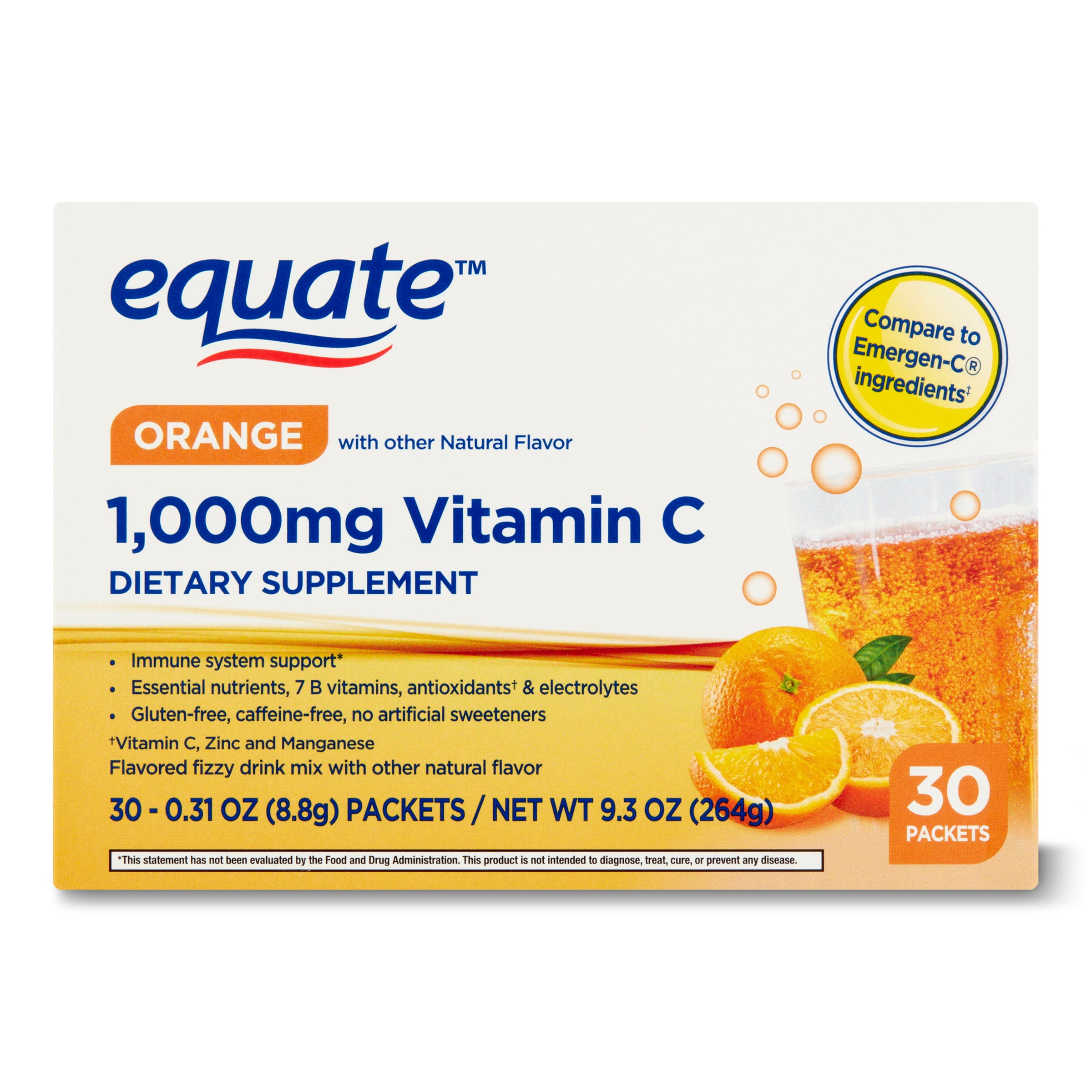 Equate 1000mg Vitamin C Powder Supplement for Immune Drink Mix, Orange - 30ct - Walmart.com