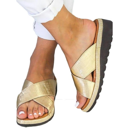 Women Wide Fit Flat Platform Cross-Strap Flip Flops Sandals Slipper Summer