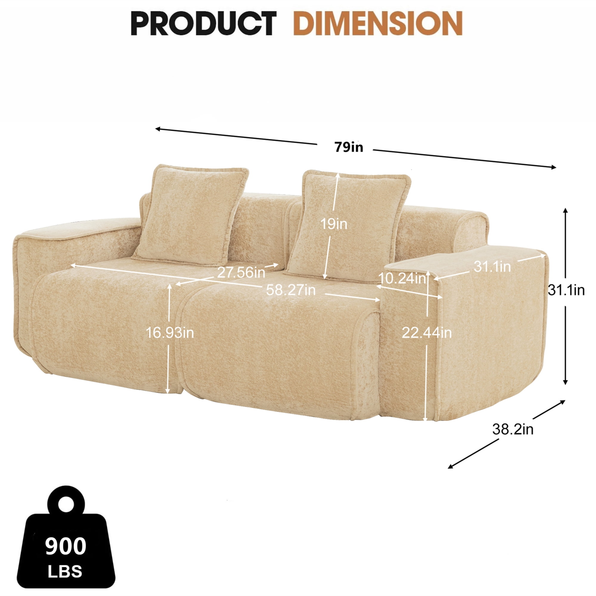Aukfa 79" Boneless Couch Deep Seat Loveseat Cloud Sofa for Living Room Bedroom, 2 Pillows, Velvet, Camel