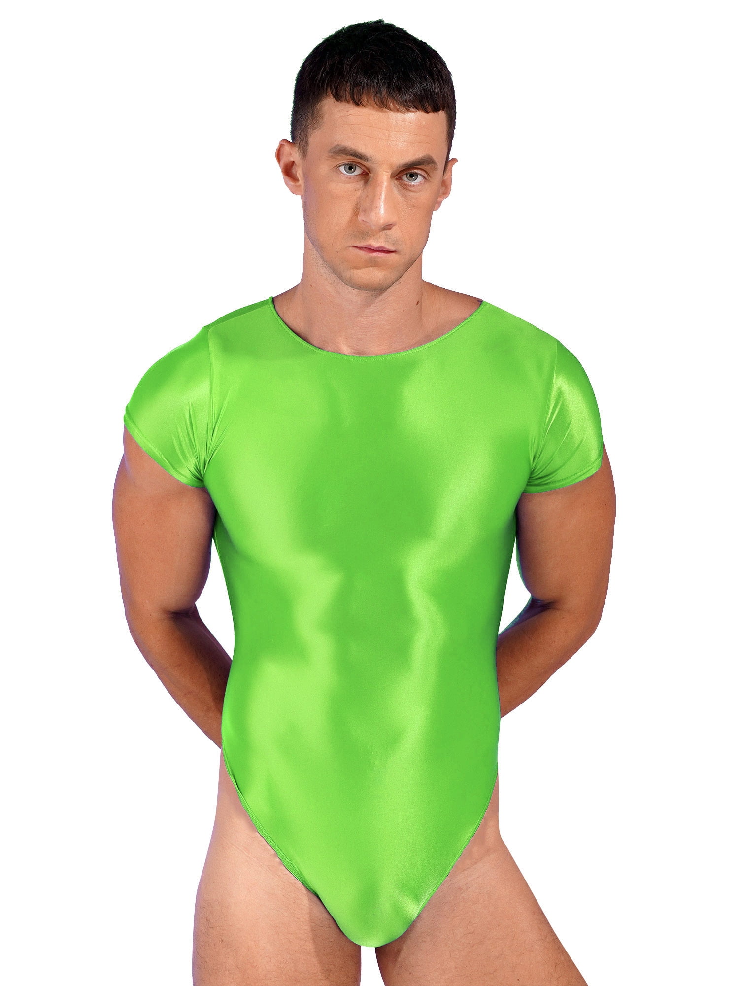 Men's Ice Silk Leotard - Stretchy Nylon Bodysuit For Gymnastics & Swimming | Glossy Short Sleeve Sport Wear