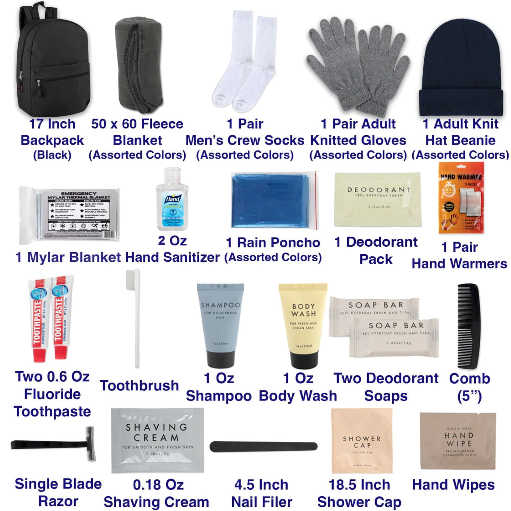 Single 24 Piece Trail maker Winter Care Travel Toiletry Kit for Homeless Charity Donation  with Backpack, Beanie Hat, Socks & More