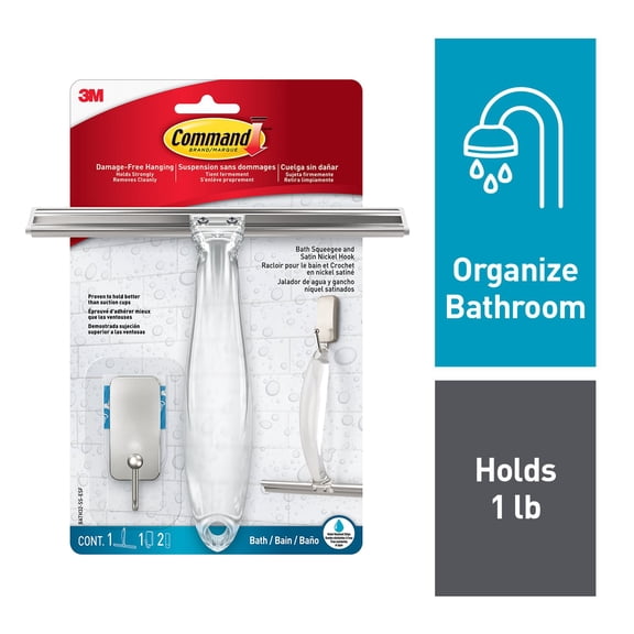 Command Shower Squeegee, Satin Nickel, 1 Stainless Steel Squeegee, 1 Bath Wall Hook, Rust Resistant