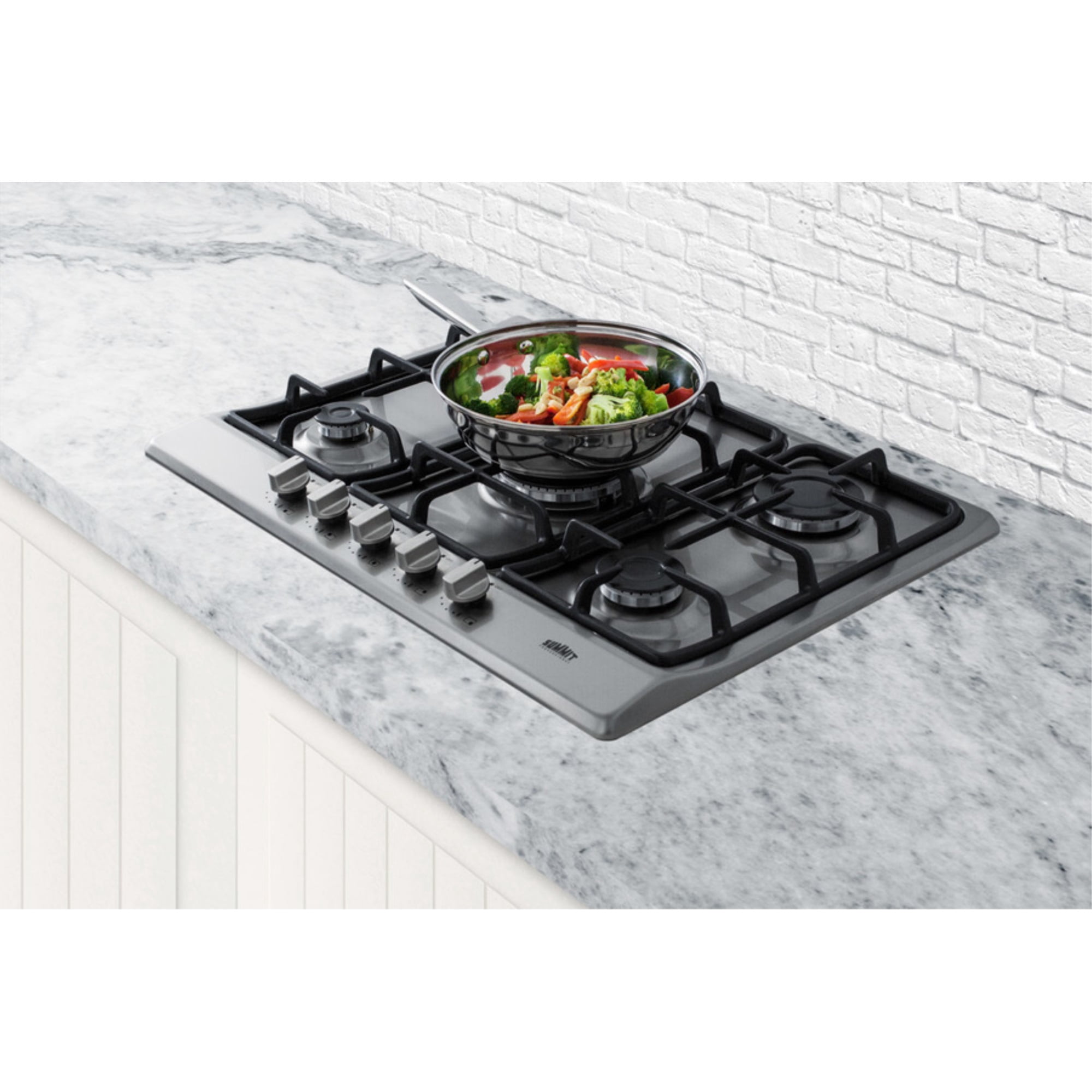 5-burner gas cooktop made in Italy in a stainless steel finish with sealed burners, cast iron grates, and wok stand; fits standard 24" wide cutouts