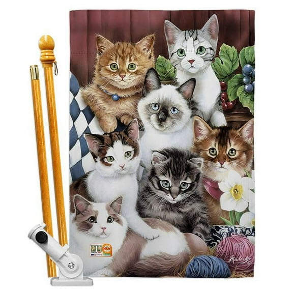 Breeze Decor BD-PT-HS-110069-IP-BO-D-US13-AL 28 x 40 in. Cuddly Kittens Nature Pets Impressions Decorative Vertical Double Sided House Flag Set & Pole Bracket Hardware
