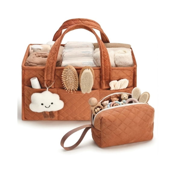 15'' Baby Diaper Caddy Organizer, Baby Basket Shower Gift, Portable Changing Table Basket, Postpartum Caddy & Tote Bag Pouch, Newborn Nursery Essentials Registry, Car Diaper Organizer